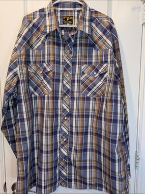 Wyoming Traders Pearl Snap Shirt XXL Blue Tan Plaid Western Cowboy Long Sleeve